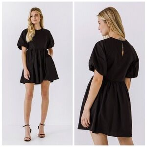 English Factory Short Balloon Sleeve Mini Dress in Black | Small